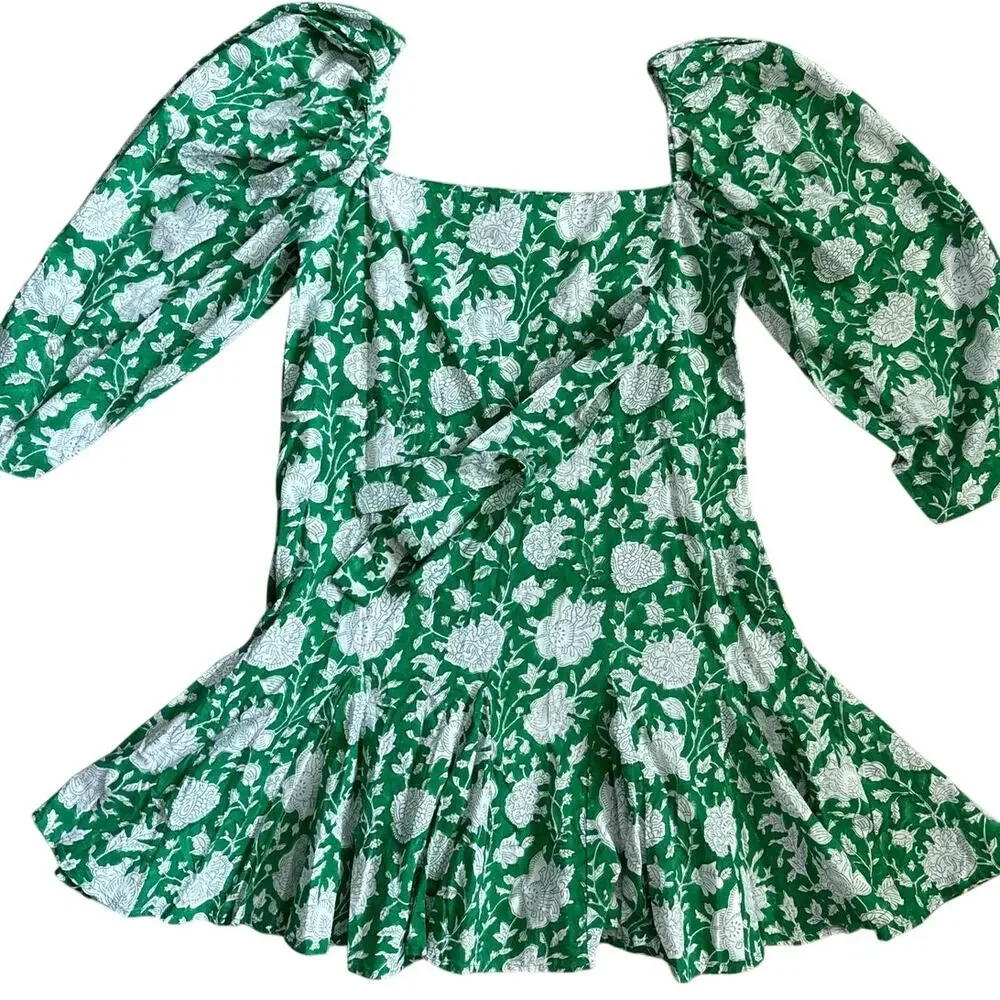 Mille Resort Anais Belted Mini Hand Block Print Dress Green Zinnia Size‎ Small - Picture 9 of 12